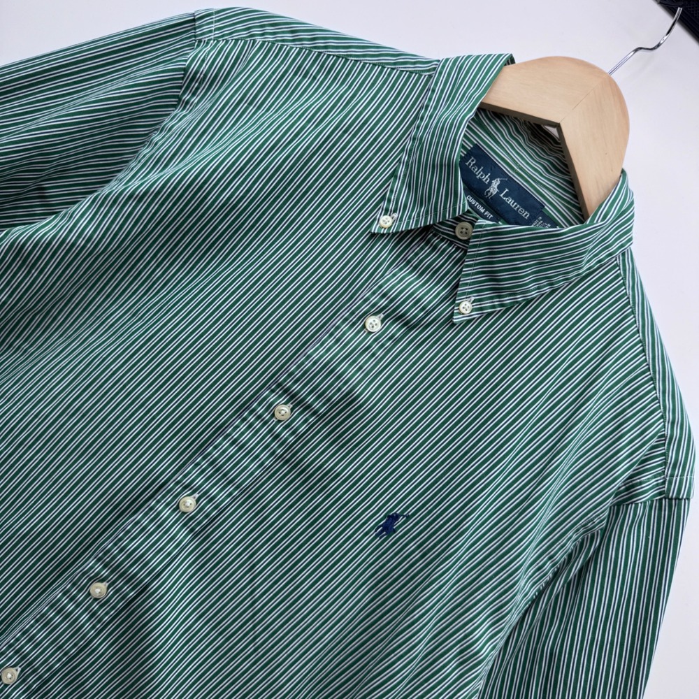 Ralph Lauren Button Down Shirt 16.5 Green Striped Custom Fit Long Sleeve